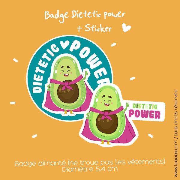 Badge aimanté dietetic power et son sticker